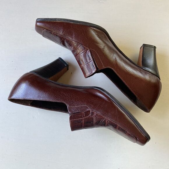 Brown Leather Croc Embossed Slip On Pumps Size 9 - Picture 3 of 14